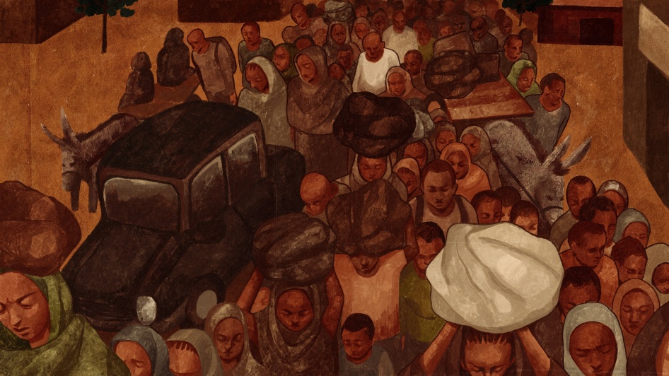 Illustration of a group of people fleeing a town